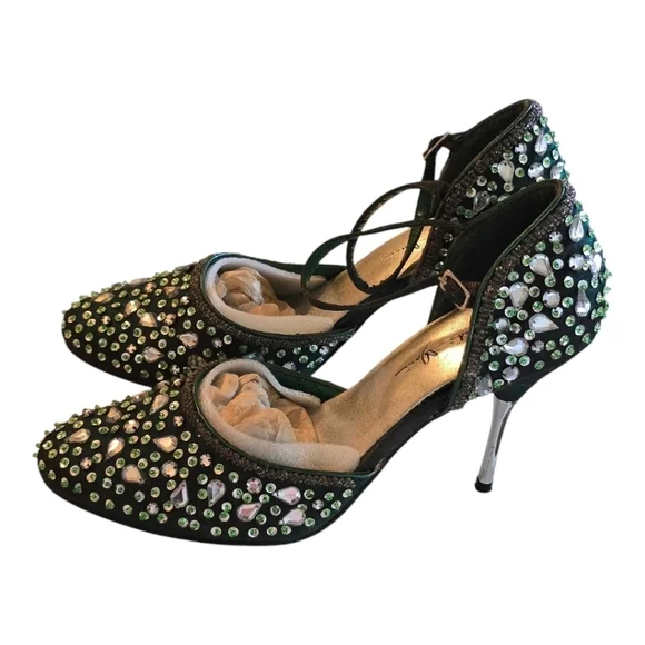 Marichi Mani Heels 8.5 Women Green Metallic Rhinestone Stiletto Party Bridal - Picture 3 of 15